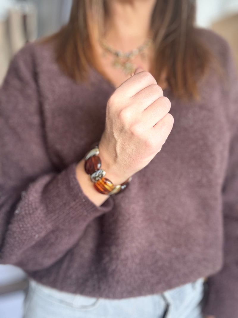 Bracelet élastique brun et doré