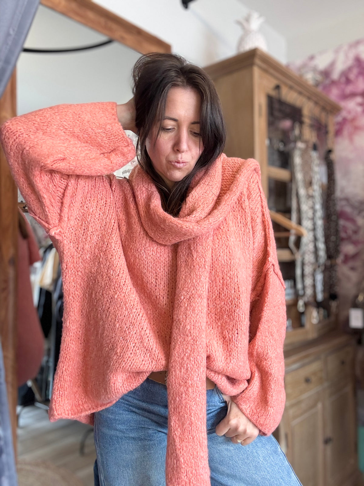 Duo pull et écharpe saumon MILLO