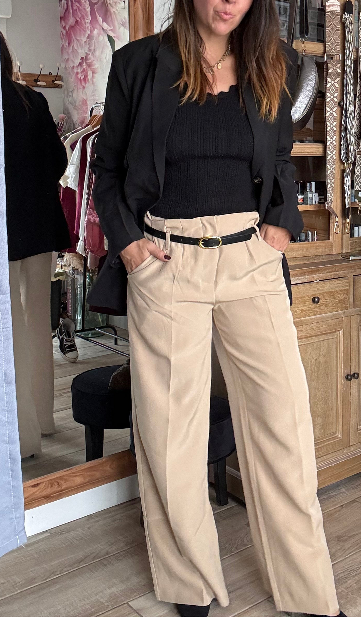 Pantalon habillé, taille haute beige LARA