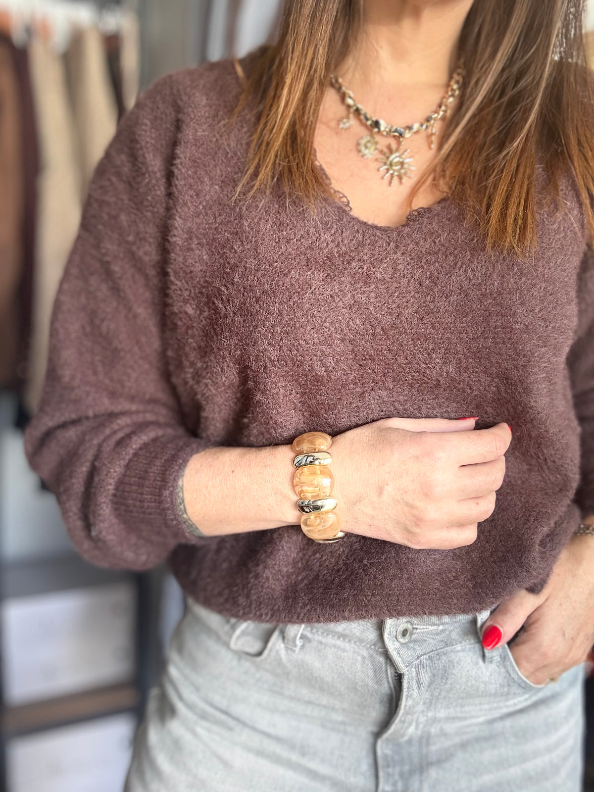 Bracelet élastique beige et doré