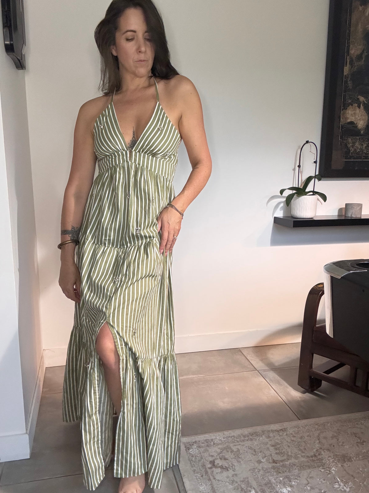 Robe rayures blanches et kakis VITA