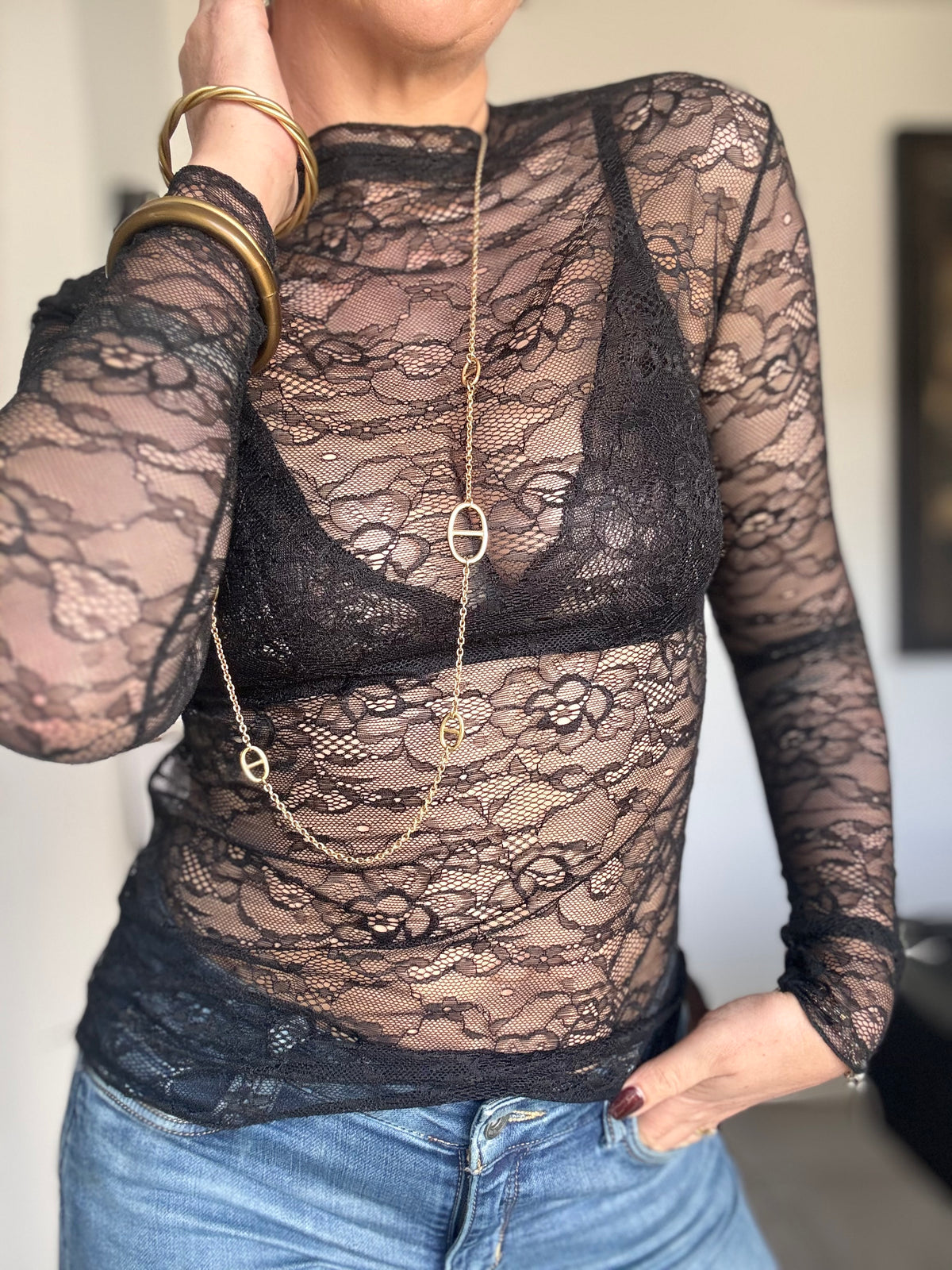 Haut manche longue noir dentelle ROMANE
