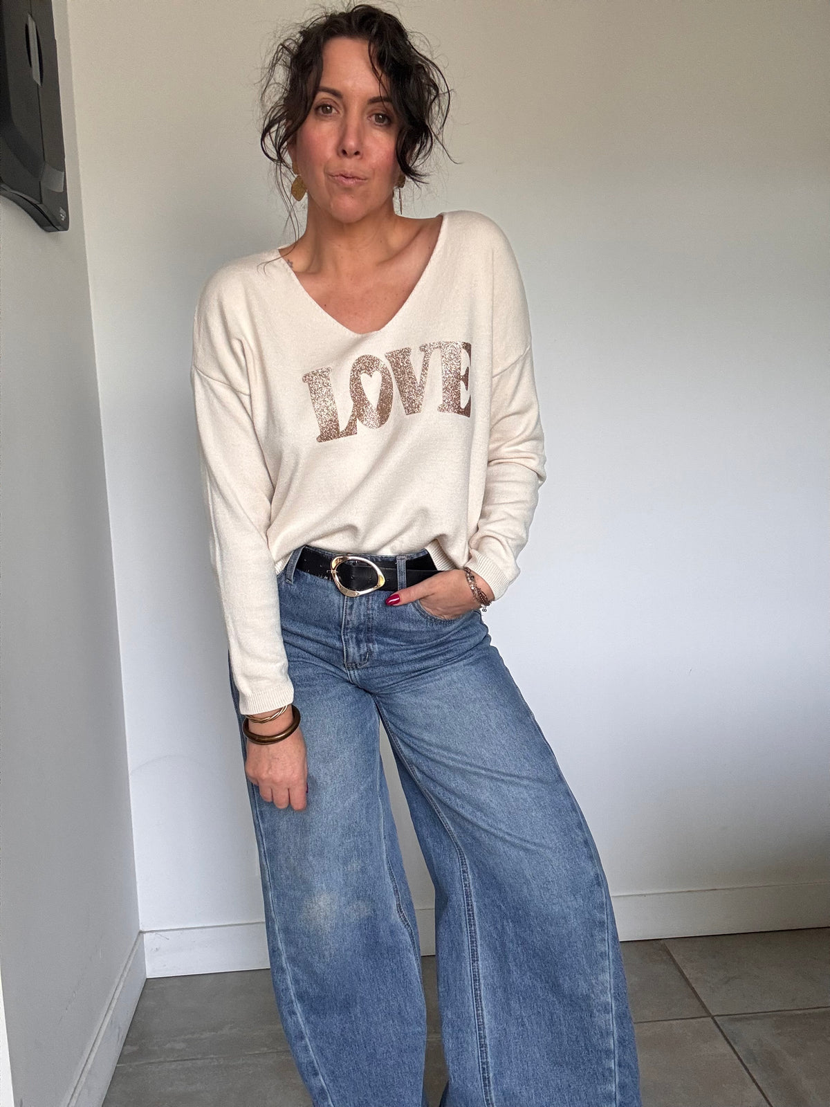 Pull beige LOVE col V