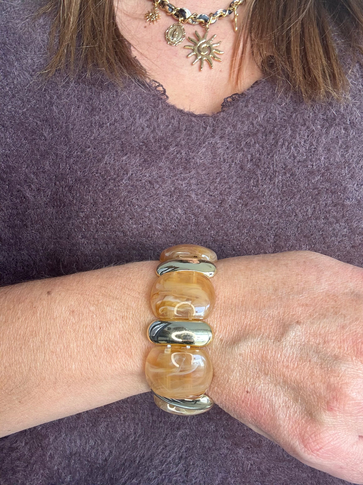 Bracelet élastique beige et doré