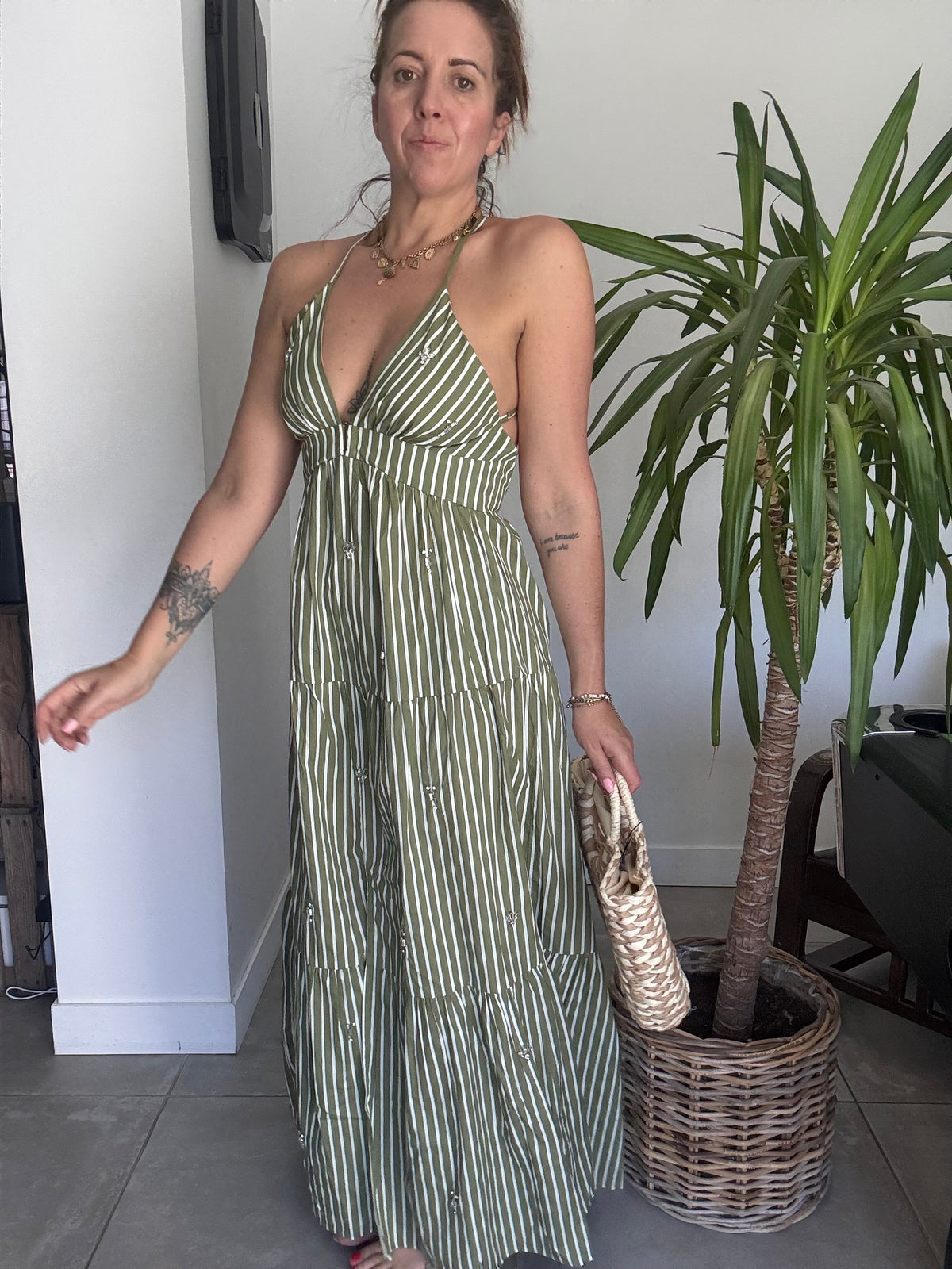 Robe rayures blanches et kakis VITA