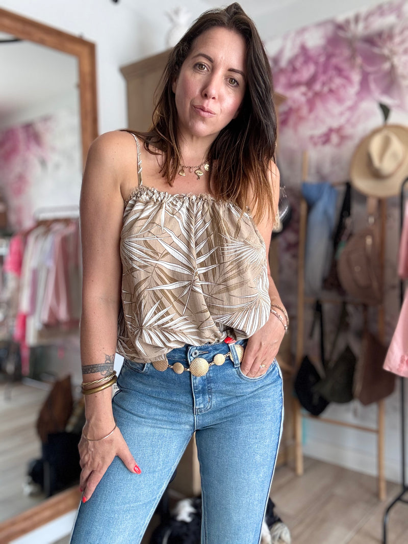 Top taupe motif feuilles ANDORA