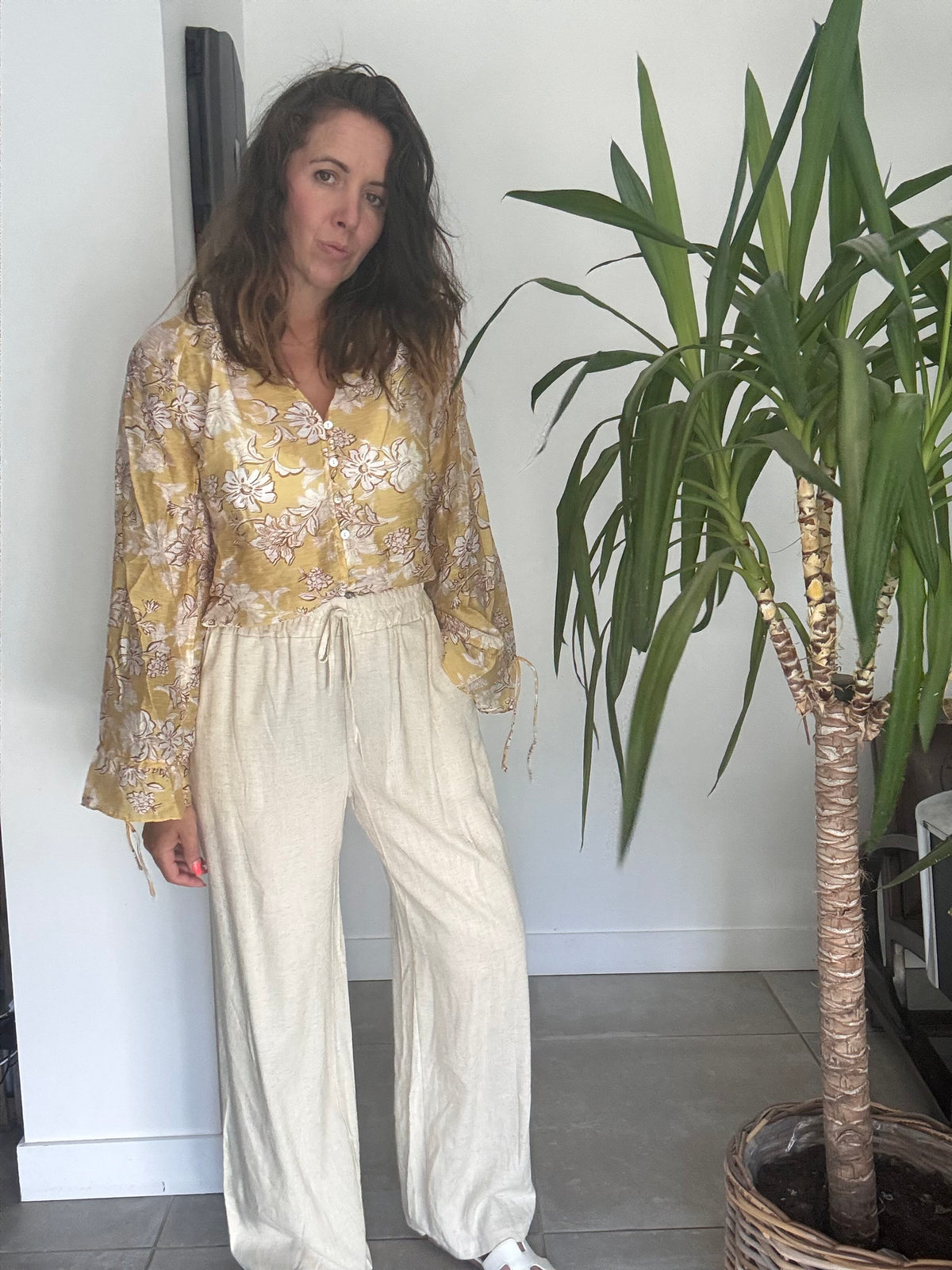 Pantalon lin beige INDIA