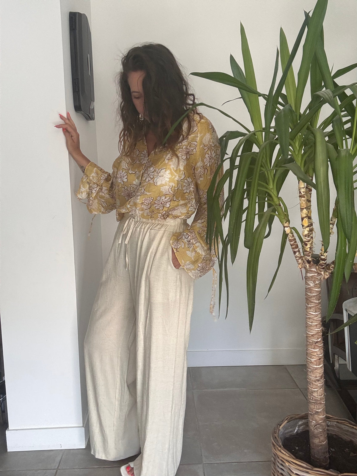 Pantalon lin beige INDIA