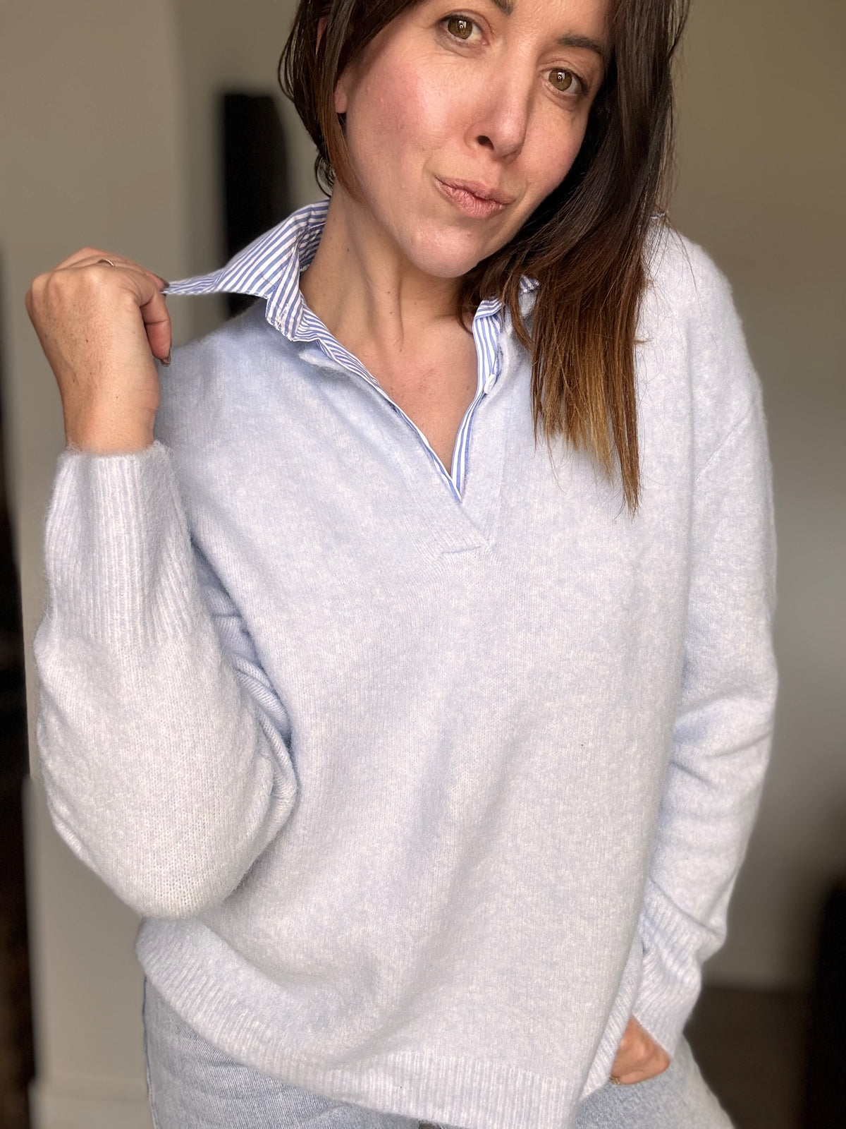 Pull bleu col chemise SAMIA