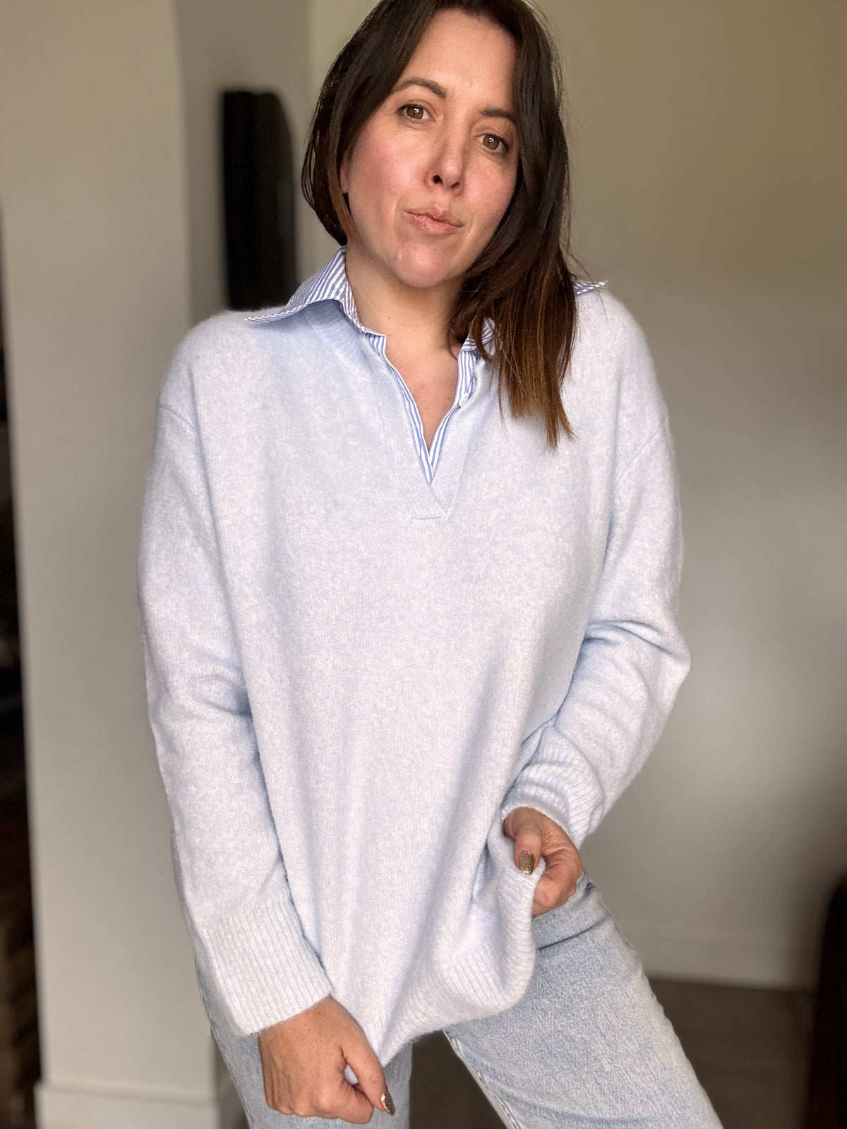 Pull bleu col chemise SAMIA
